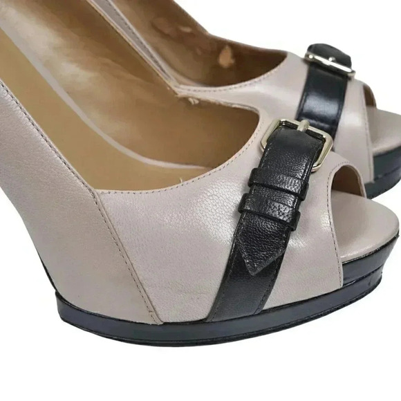 Nine West  Leather Platform Pump Stiletto Heel Open Toe Beige Tan Black Size 8 - Picture 3 of 10